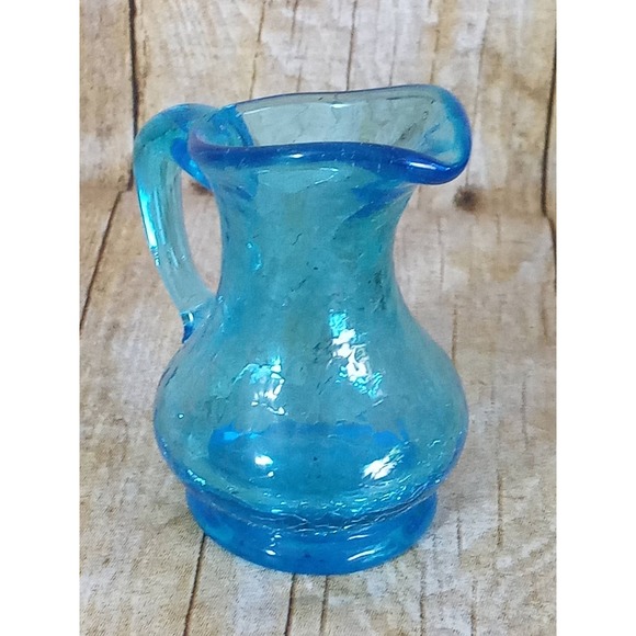 Crackle Glass Bud Vase Pitcher Blue Miniature Succulent Air Plants Planter (9A) - Picture 3 of 5